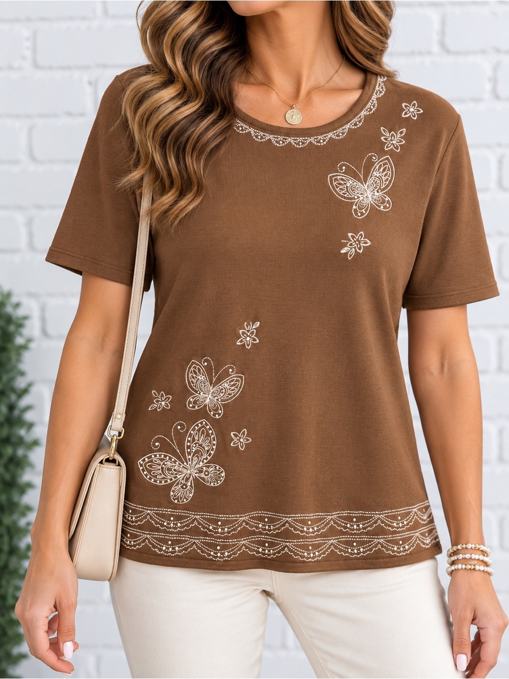 Alfred Dunner Brown Rayon Nylon Butterfly Embroidered Knit Top M Y2K